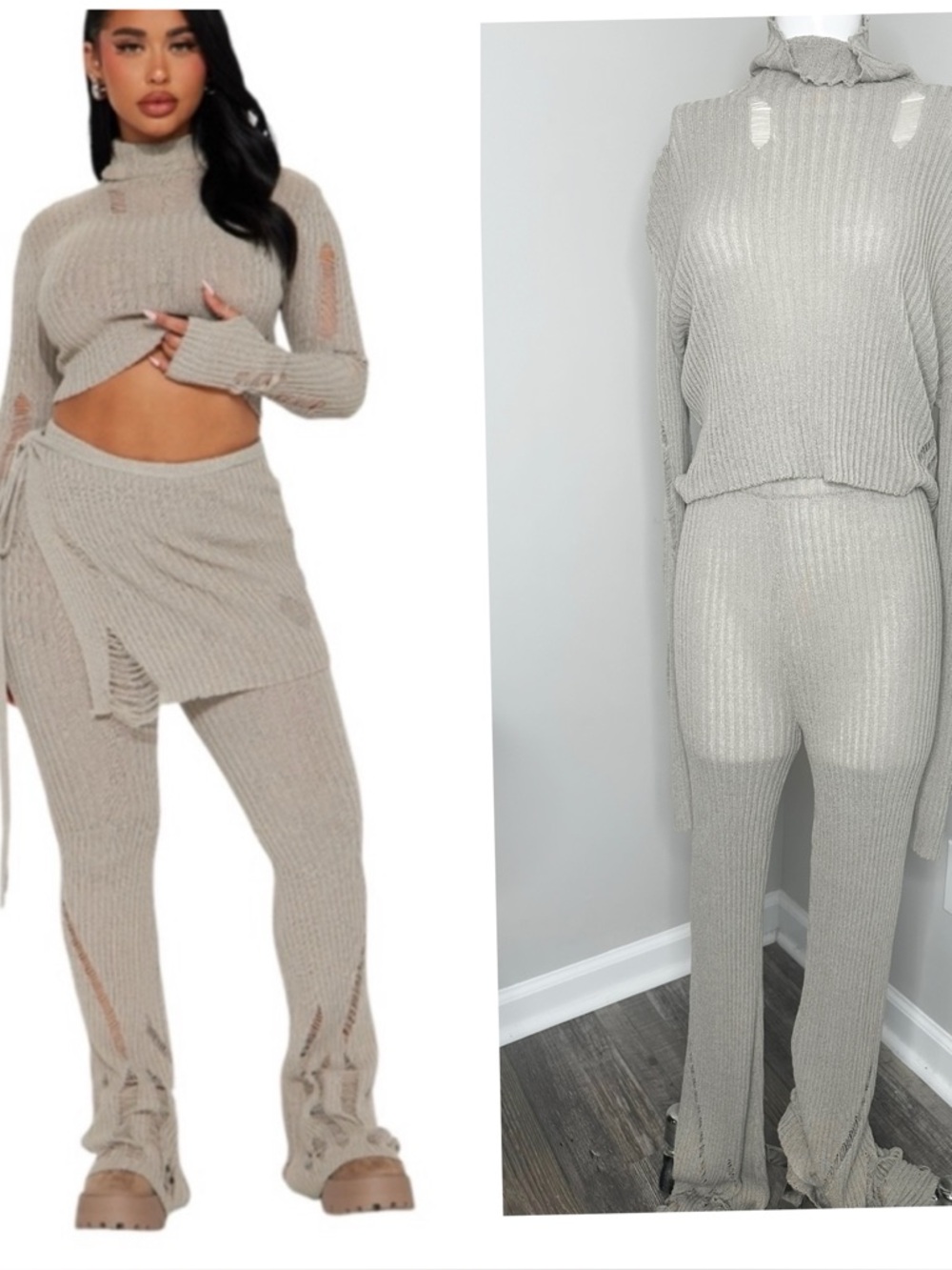 Fashion Nova Taupe Ribbed distressed Pants &  Top Set- NWT-1X